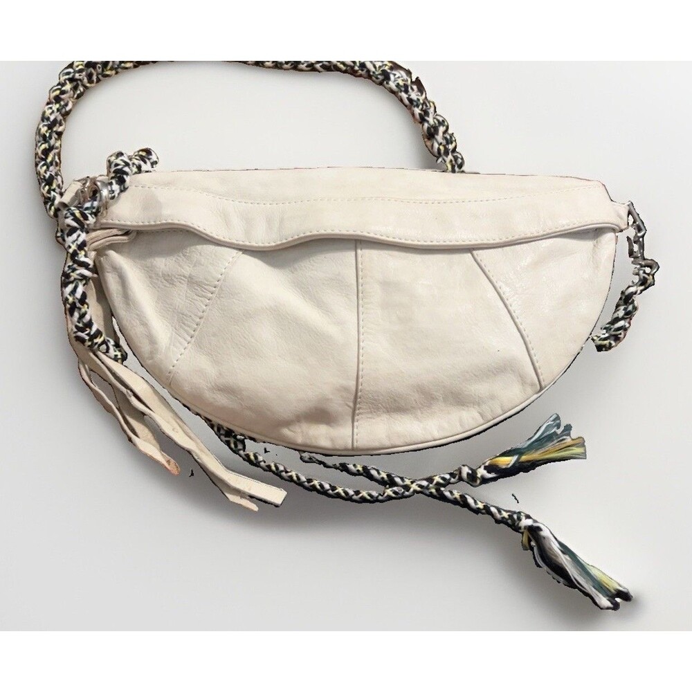Free People Ivory Lamb Leather Sling Bag Braided Strap Tassel Boho Crossbody